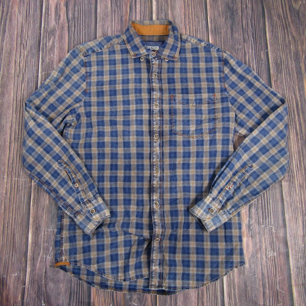 32 Bar Blues Mens Small Blue Plaid Button‎ Up Shirt Long Sleeve Pocket Casual